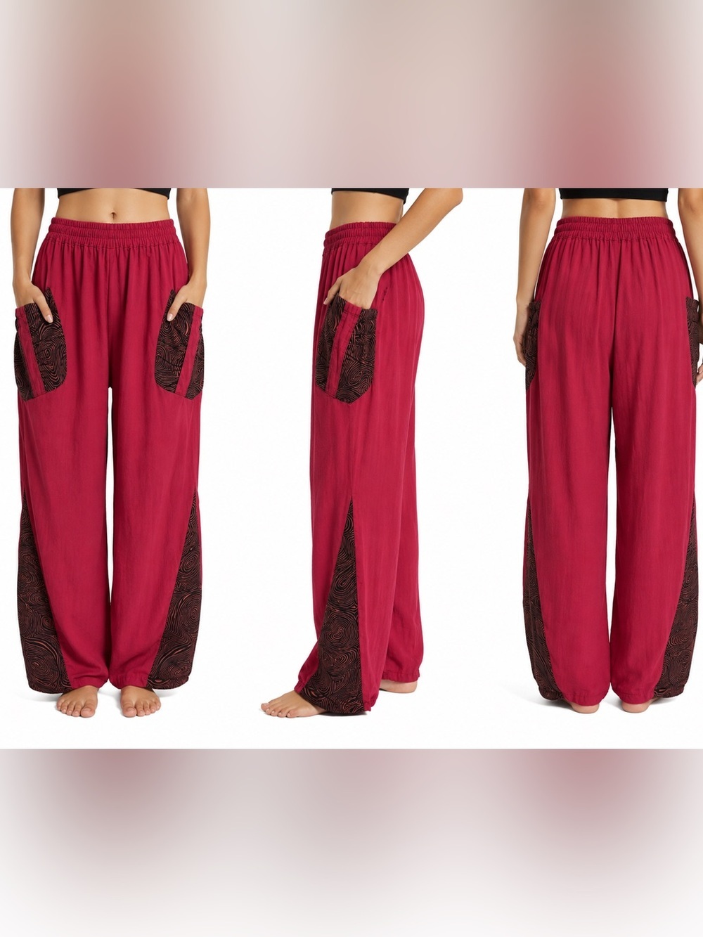 Harem Pants 100% Cotton Boho Wide Leg Elastic Waist Burgundy One Size